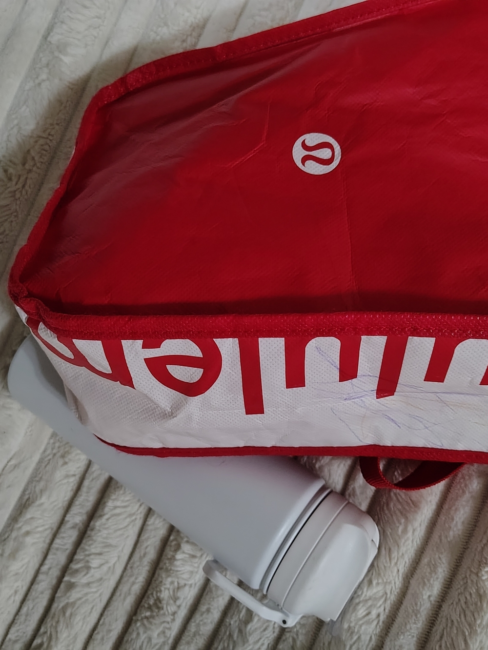Lululemon Red and White Logo Tote With Water Bottle